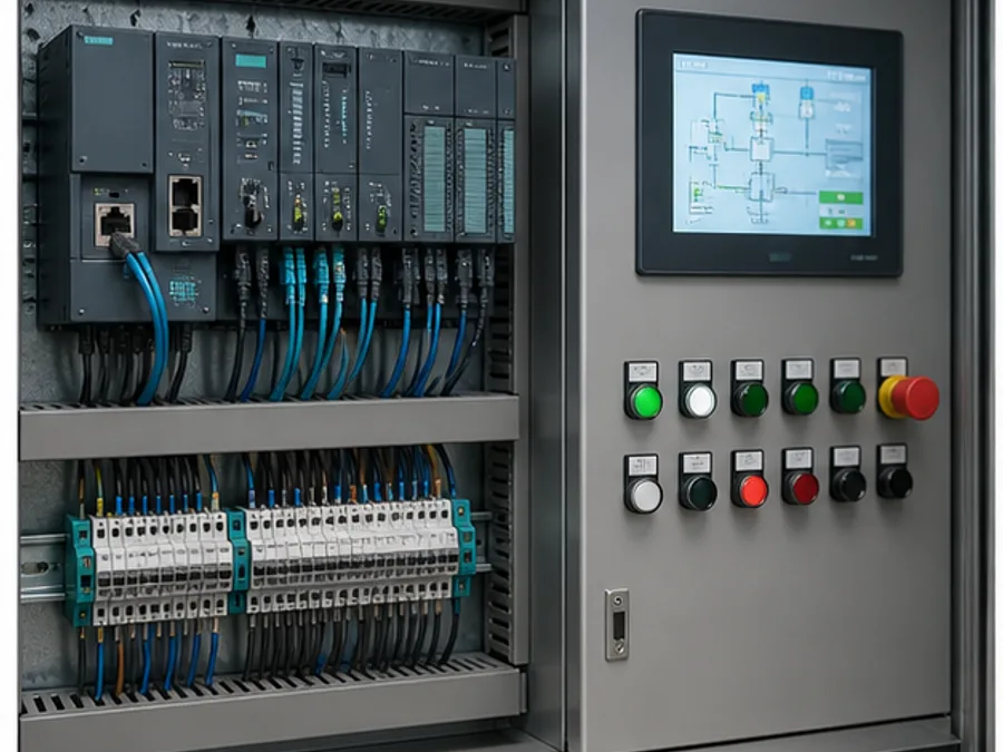 Armario industrial con PLC, HMI y control de automatización